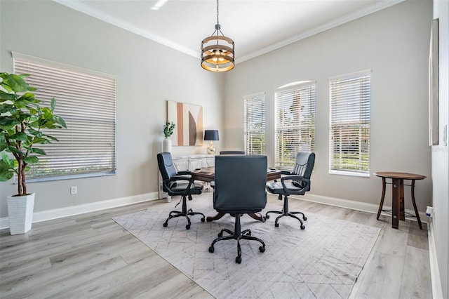 17927 Bahama Isle Cir, Tampa, FL 33647 - home office with crown molding, baseboards, wood finished floors, and a healthy amount of sunlight