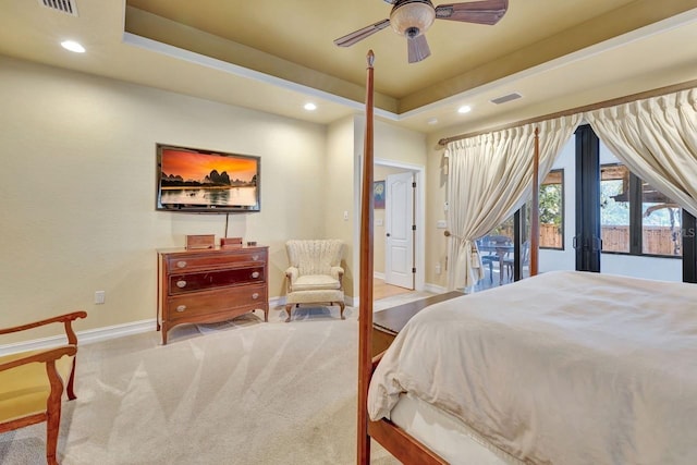 1108 W Charter St, Tampa, FL 33602 - carpeted bedroom with recessed lighting, baseboards, access to exterior, french doors, and a tray ceiling