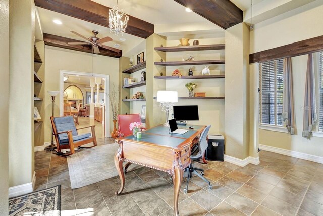 1108 W Charter St, Tampa, FL 33602 - office area featuring baseboards, built in features, beam ceiling, a ceiling fan, and a chandelier