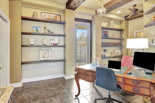 1108 W Charter St, Tampa, FL 33602 - office area with beamed ceiling, a ceiling fan, baseboards, recessed lighting, and a chandelier