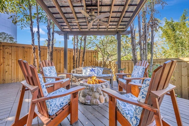 1108 W Charter St, Tampa, FL 33602 - wooden deck with a fire pit, ceiling fan, and a fenced backyard