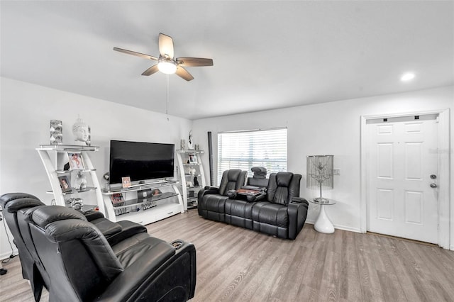 8528 Quarter Horse Dr, Riverview, FL 33578 - living area with a ceiling fan, wood finished floors, and recessed lighting