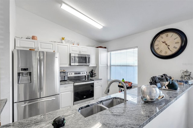 8528 Quarter Horse Dr, Riverview, FL 33578 - kitchen featuring stainless steel appliances, vaulted ceiling, light stone countertops, and white cabinets