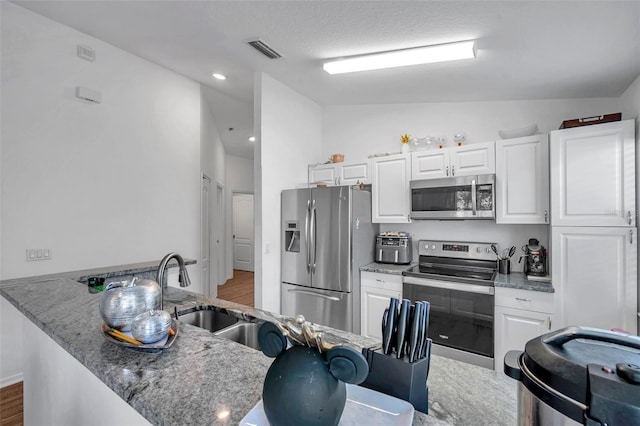 8528 Quarter Horse Dr, Riverview, FL 33578 - kitchen with stainless steel appliances, white cabinets, stone countertops, wood finished floors, and lofted ceiling