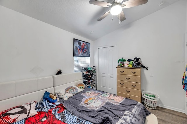 8528 Quarter Horse Dr, Riverview, FL 33578 - bedroom featuring lofted ceiling, wood finished floors, ceiling fan, and a closet
