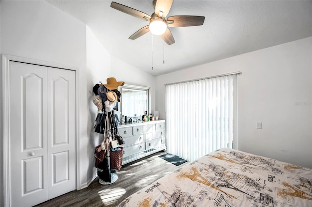 8528 Quarter Horse Dr, Riverview, FL 33578 - bedroom with lofted ceiling, wood finished floors, a closet, and ceiling fan