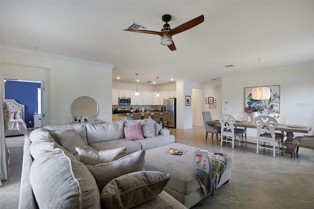 17541 Timberline Pkwy, Punta Gorda, FL 33982 - living area with recessed lighting, ornamental molding, visible vents, and ceiling fan