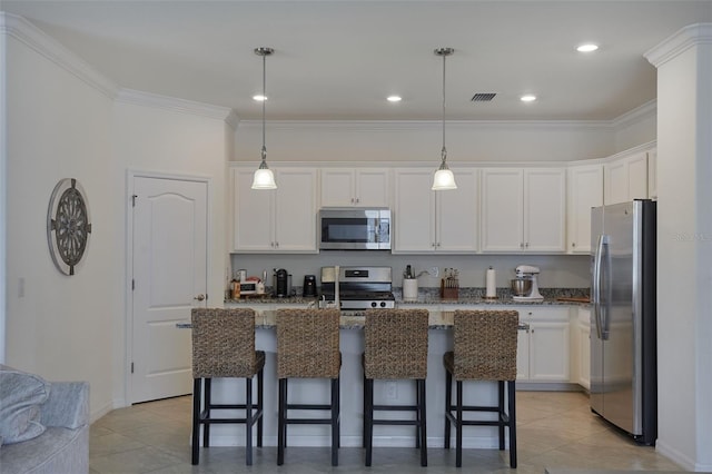 17541 Timberline Pkwy, Punta Gorda, FL 33982 - kitchen with visible vents, crown molding, stainless steel appliances, white cabinetry, and light stone counters