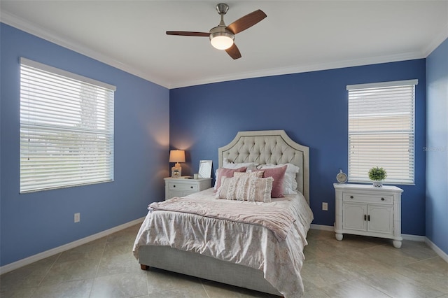 17541 Timberline Pkwy, Punta Gorda, FL 33982 - bedroom featuring tile patterned floors, crown molding, baseboards, and ceiling fan