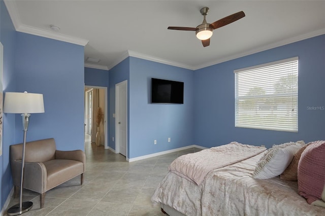 17541 Timberline Pkwy, Punta Gorda, FL 33982 - bedroom featuring baseboards, ceiling fan, light tile patterned flooring, and crown molding