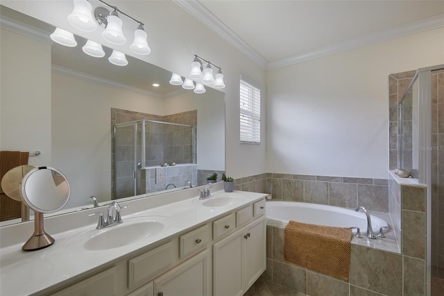 17541 Timberline Pkwy, Punta Gorda, FL 33982 - full bathroom with a shower stall, ornamental molding, a sink, and a garden tub