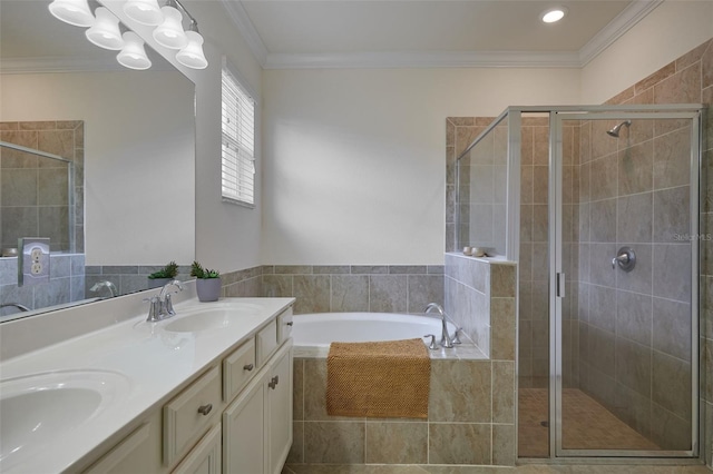 17541 Timberline Pkwy, Punta Gorda, FL 33982 - bathroom featuring a stall shower, a sink, a bath, ornamental molding, and double vanity