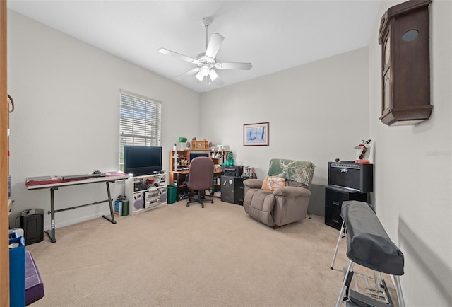 carpeted office with ceiling fan