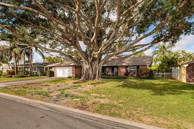ranch-style house featuring driveway, a front yard, an attached garage, and fence