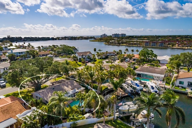 bird's eye view with a water view