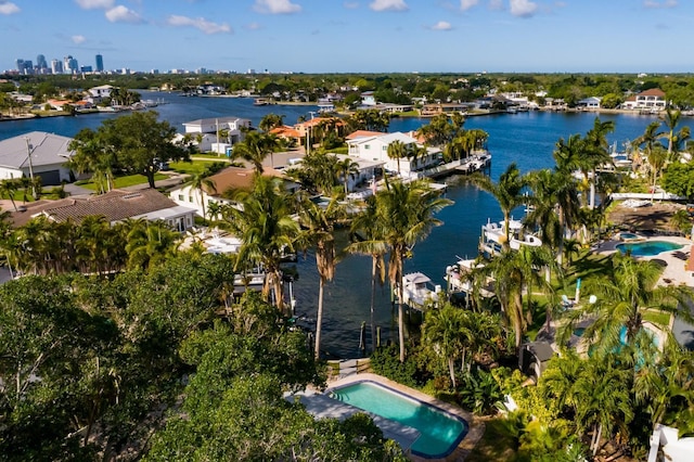 birds eye view of property featuring a water view