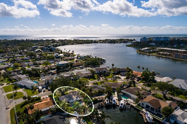 aerial view featuring a water view and a residential view