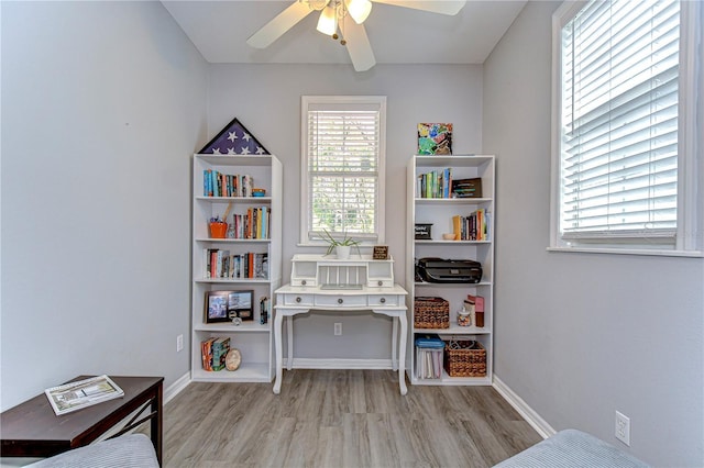 office area featuring wood finished floors, a ceiling fan, and plenty of natural light