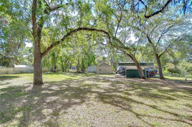 view of yard with a storage shed and an outdoor structure