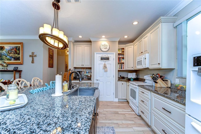 kitchen featuring white cabinetry, white appliances, ornamental molding, a sink, and light wood-style flooring