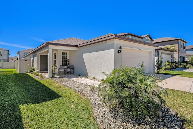 30364 Marquette Ave, Wesley Chapel, FL 33545 - view of side of property with fence, a garage, concrete driveway, stucco siding, and a yard
