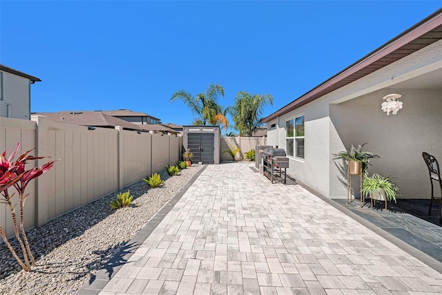 30364 Marquette Ave, Wesley Chapel, FL 33545 - view of patio / terrace with a grill, a fenced backyard, an outdoor structure, and a shed
