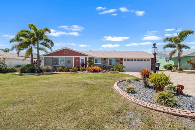 single story home featuring concrete driveway, a garage, and a front lawn