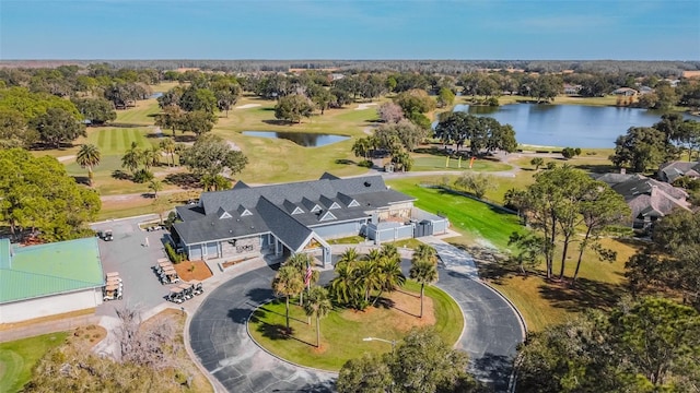 aerial view featuring a water view and view of golf course