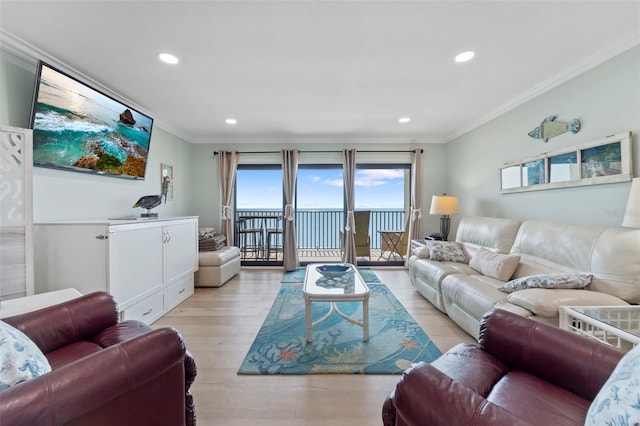 living area featuring crown molding, light wood-style floors, and recessed lighting