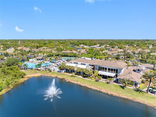 birds eye view of property with a residential view and a water view