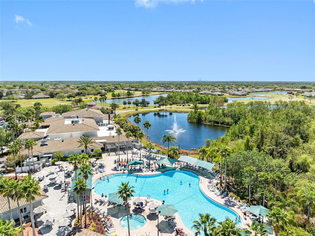 birds eye view of property featuring a water view