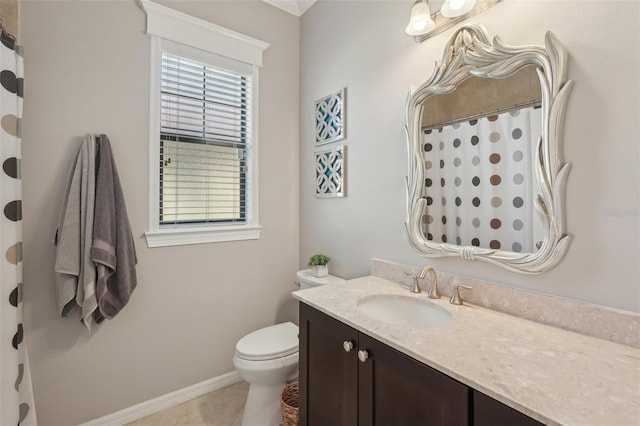 bathroom featuring tile patterned flooring, vanity, toilet, a shower with shower curtain, and baseboards