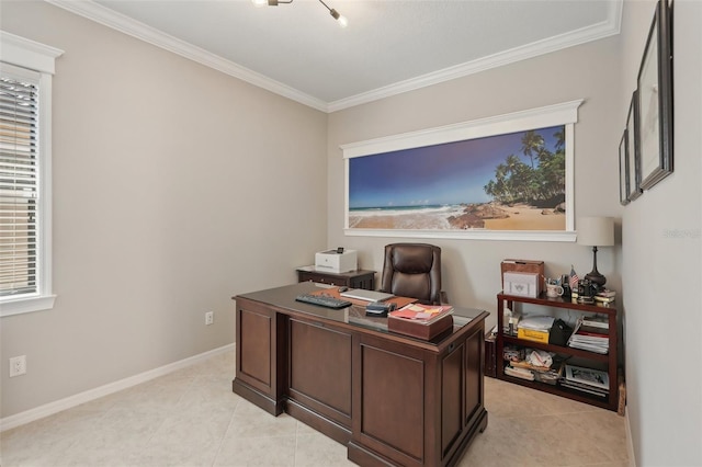 office space with baseboards, ornamental molding, and light tile patterned floors