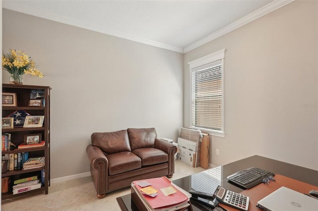 office area with light tile patterned floors, ornamental molding, and baseboards