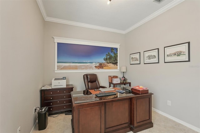 office featuring light tile patterned floors, crown molding, baseboards, and visible vents