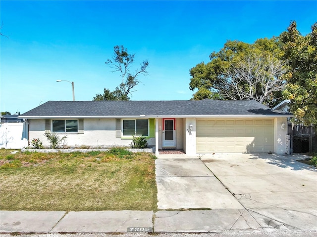 ranch-style home featuring stucco siding, driveway, a garage, and fence