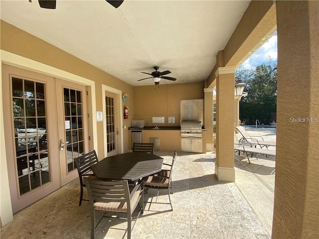 11822 Crawford Parrish Ln, Parrish, FL 34219 - view of patio featuring french doors, a grill, exterior kitchen, outdoor dining space, and ceiling fan