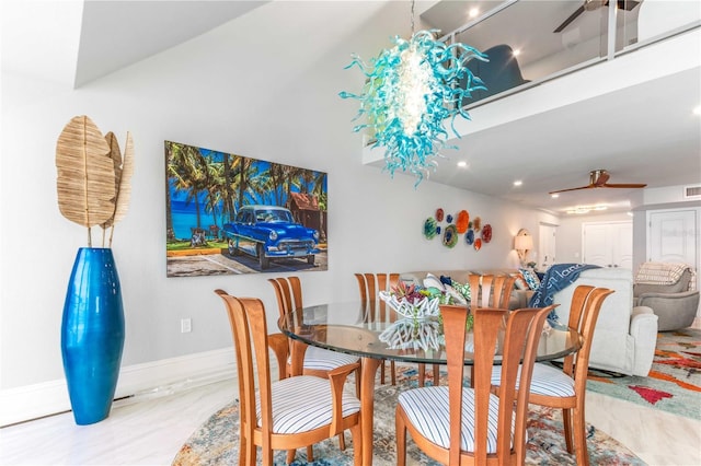 dining space with a ceiling fan, baseboards, and recessed lighting