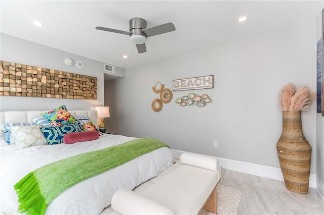 bedroom with recessed lighting, ceiling fan, marble look tile flooring, and baseboards