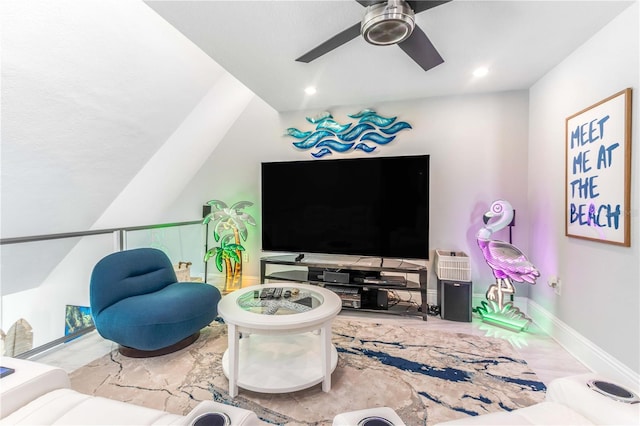 living area featuring ceiling fan, lofted ceiling, recessed lighting, and baseboards