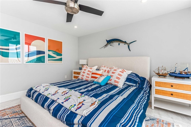 bedroom featuring ceiling fan and recessed lighting