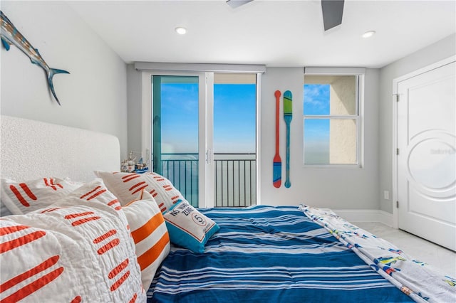 bedroom featuring recessed lighting, access to outside, and baseboards