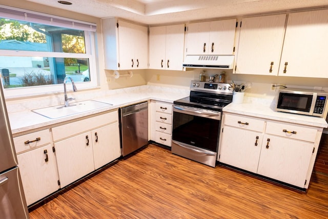 kitchen with a sink, appliances with stainless steel finishes, wood finished floors, and exhaust hood