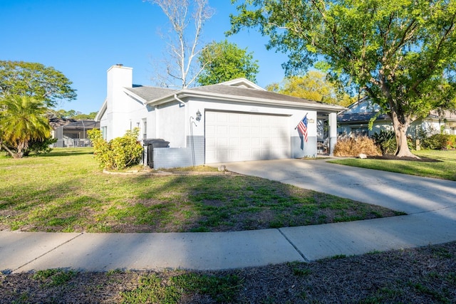 view of property exterior featuring stucco siding, a yard, concrete driveway, a garage, and a chimney