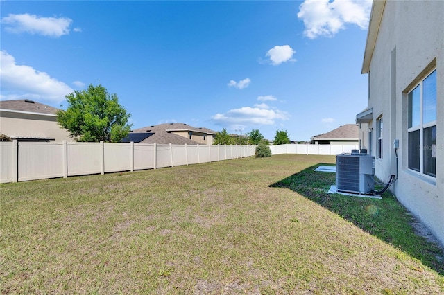 view of yard featuring central air condition unit and a fenced backyard