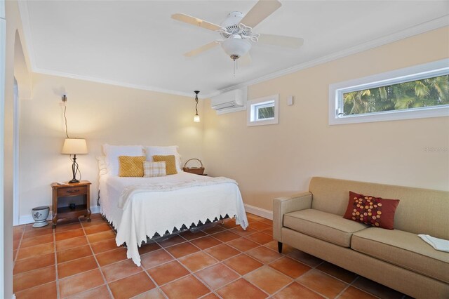 378 Tennessee Ave, Crystal Beach, FL 34681 - bedroom featuring baseboards, a wall mounted AC, tile patterned flooring, and crown molding