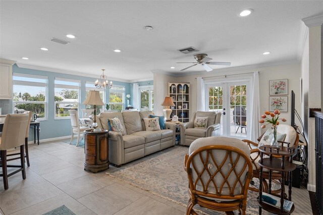 378 Tennessee Ave, Crystal Beach, FL 34681 - living room with visible vents, crown molding, recessed lighting, and a healthy amount of sunlight