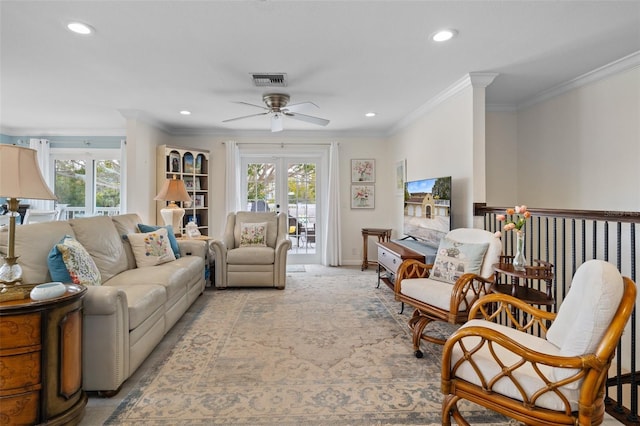 378 Tennessee Ave, Crystal Beach, FL 34681 - living room with baseboards, recessed lighting, ceiling fan, and ornamental molding