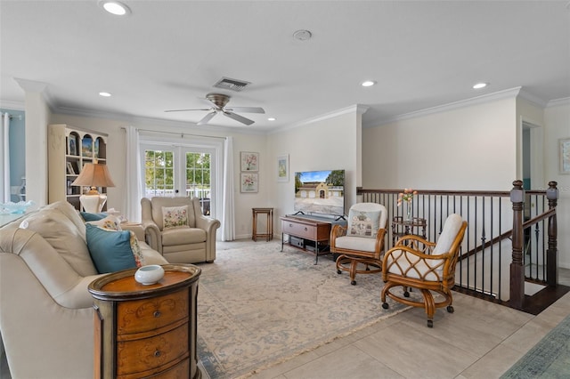 378 Tennessee Ave, Crystal Beach, FL 34681 - living area with visible vents, recessed lighting, ceiling fan, and ornamental molding