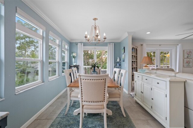 378 Tennessee Ave, Crystal Beach, FL 34681 - dining space with a wealth of natural light, baseboards, ornamental molding, and an inviting chandelier